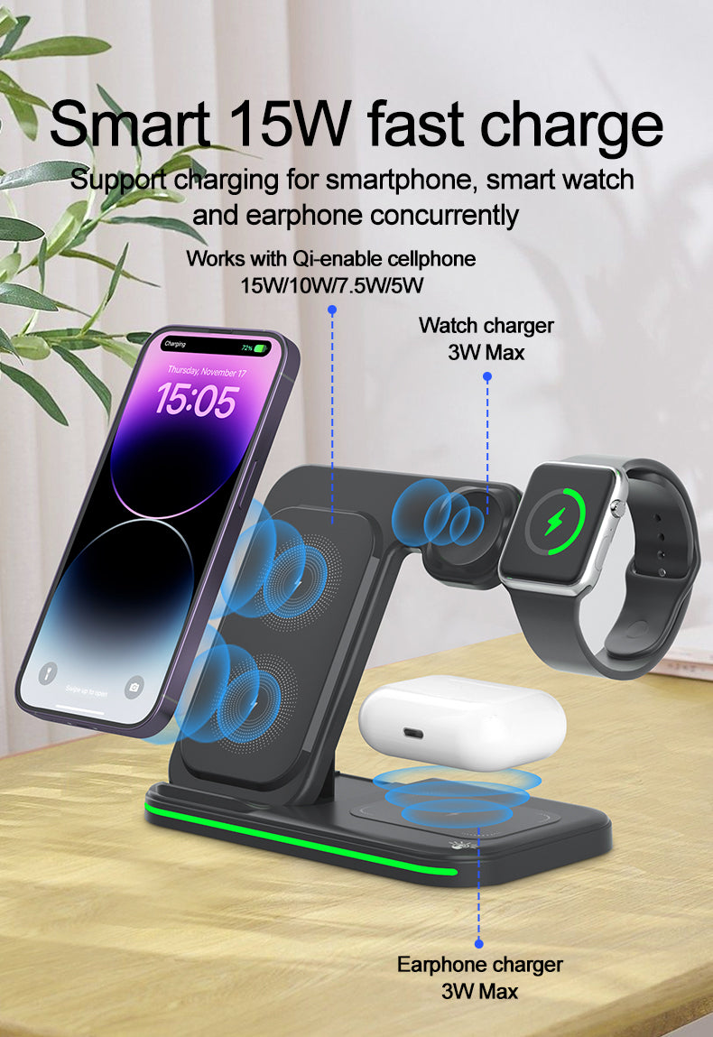 Wireless Charger 3 in 1, Foldable Wireless Charging Station for iPhone, iWatch and Airpods