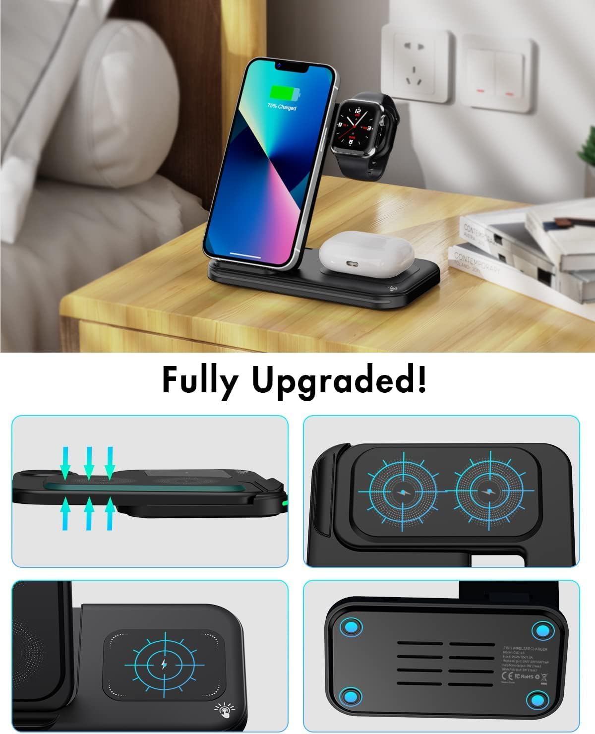 Wireless Charger 3 in 1, Foldable Wireless Charging Station for iPhone, iWatch and Airpods