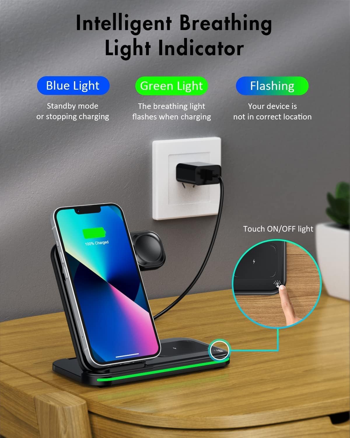 Wireless Charger 3 in 1, Foldable Wireless Charging Station for iPhone, iWatch and Airpods