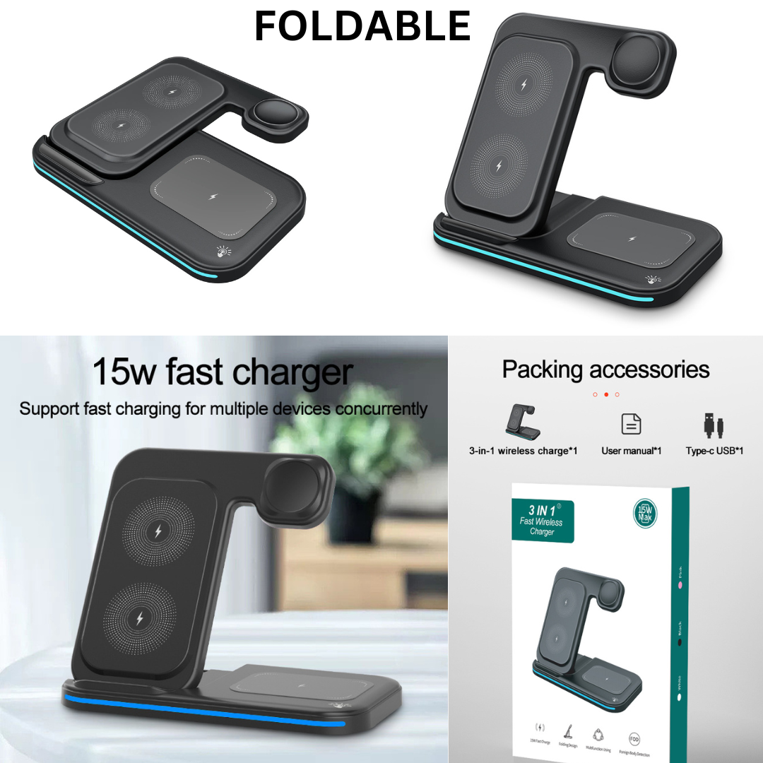 Wireless Charger 3 in 1, Foldable Wireless Charging Station for iPhone, iWatch and Airpods