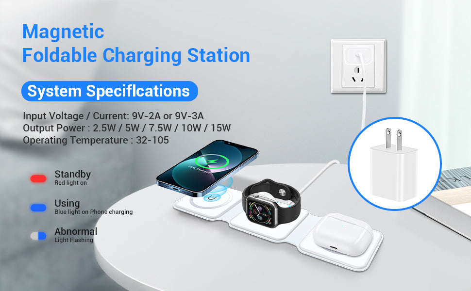 Chargeur sans fil 3 en 1, station de charge sans fil pliable magnétique pour iPhone, iWatch et Airpods 