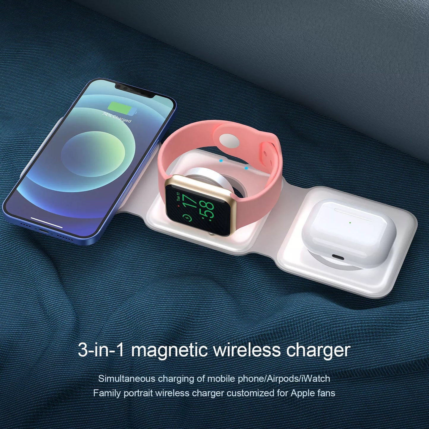 Chargeur sans fil 3 en 1, station de charge sans fil pliable magnétique pour iPhone, iWatch et Airpods 