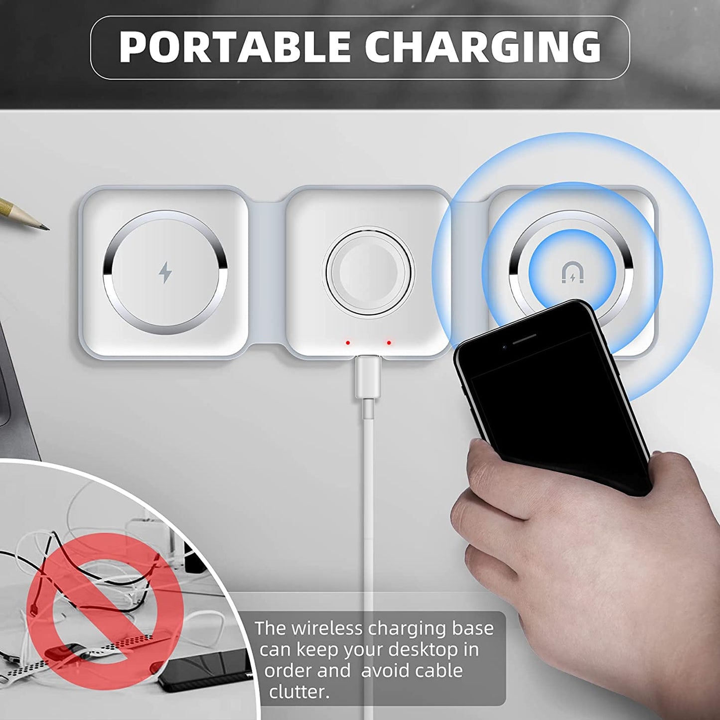 Wireless Charger 3 in 1, Magnetic Foldable Wireless Charging Station for iPhone, iWatch and Airpods
