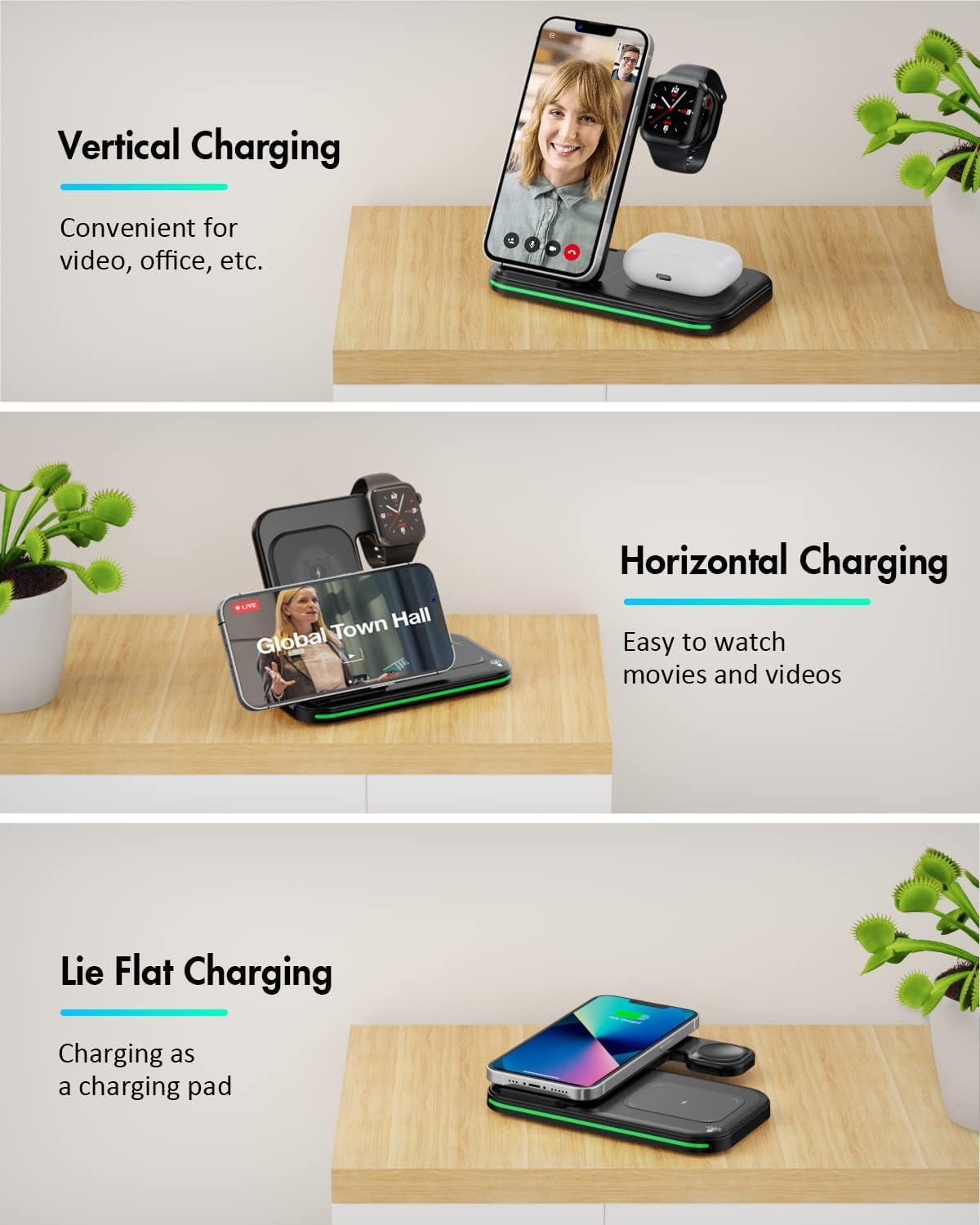 Chargeur sans fil 3 en 1, station de recharge sans fil pliable pour iPhone, iWatch et Airpods 