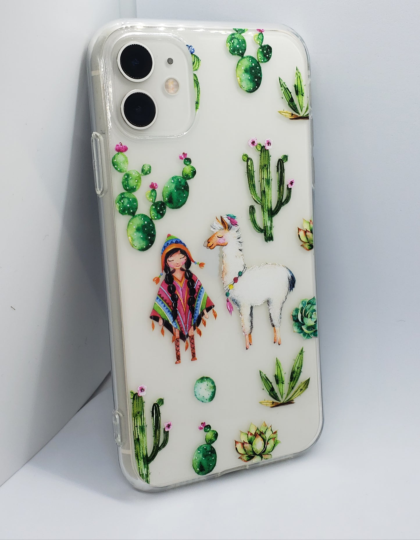 Étui de téléphone transparent transparent cactus et lama